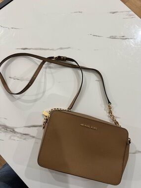 Michael Kors Tan Leather Crossbody with Gold Chain Detail